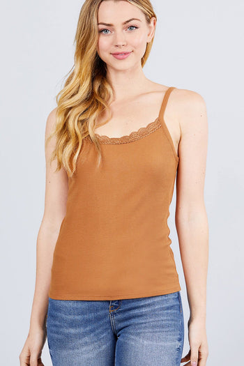 Lace Trim Rib Cami Knit Top - Deals Kiosk