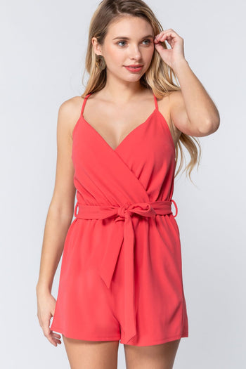V-neck Cami Belted Romper - Deals Kiosk