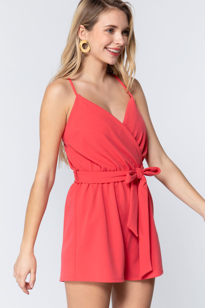 V-neck Cami Belted Romper - Deals Kiosk