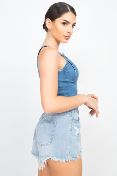 Sweetheart Neck Adjustable Denim Top - Deals Kiosk