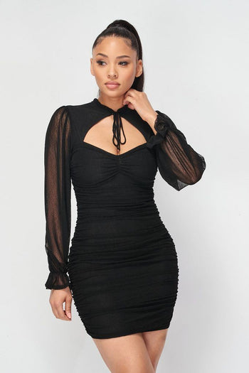Ruched Cut-out Sheer Long Sleeve Mini Dress - Deals Kiosk