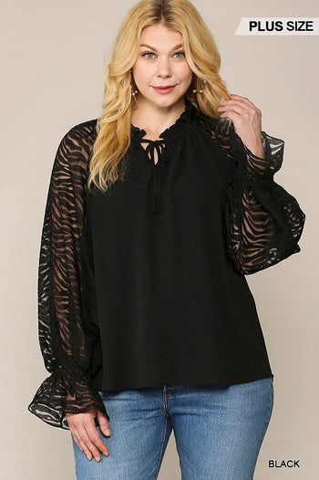 Zebra Burnout Sleeve Ruffled Neck Bubble Crepe Blouse - Deals Kiosk