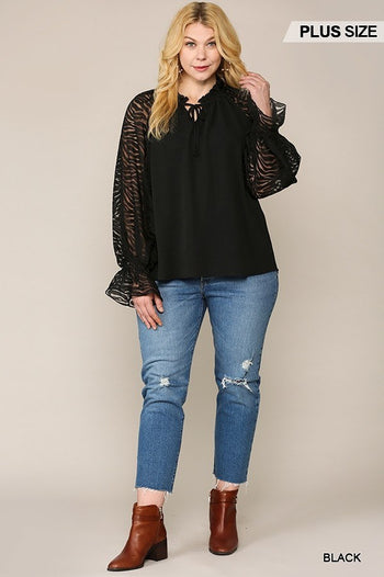 Zebra Burnout Sleeve Ruffled Neck Bubble Crepe Blouse - Deals Kiosk