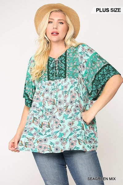 Floral Print Lace Up Flutter Sleeve Top - Deals Kiosk