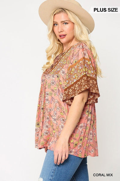 Floral Print Lace Up Flutter Sleeve Top - Deals Kiosk