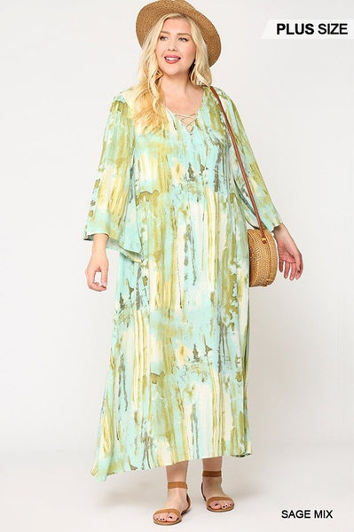 Tie Dye Multi Color Printed Maxi Dress With Lace Up - Deals Kiosk
