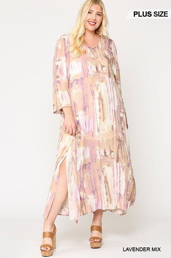 Tie Dye Multi Color Printed Maxi Dress With Lace Up - Deals Kiosk