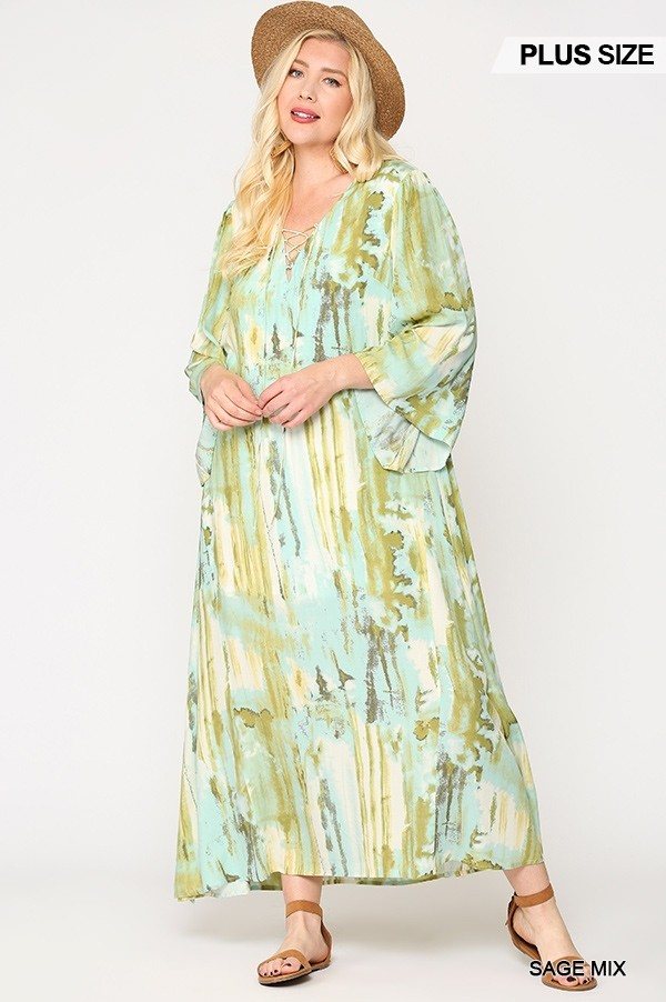 Tie Dye Multi Color Printed Maxi Dress With Lace Up - Deals Kiosk