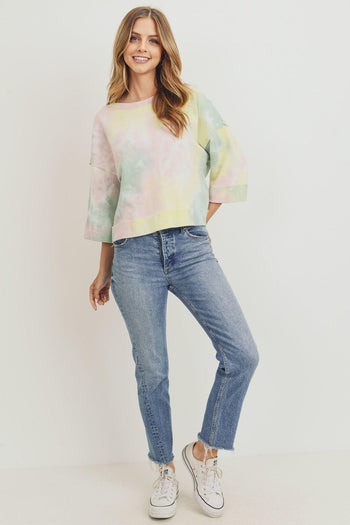 Tie Dyed 3/4 Sleeve Round Neck Top - Deals Kiosk