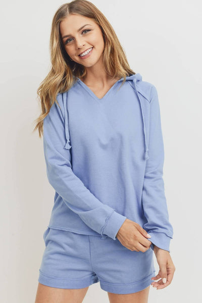 French Terry Hood With V-neck Long Sleeve Top - Deals Kiosk