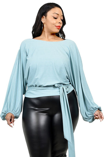 Plus Relaxed Long Sleeve Tie Waist Top - Deals Kiosk