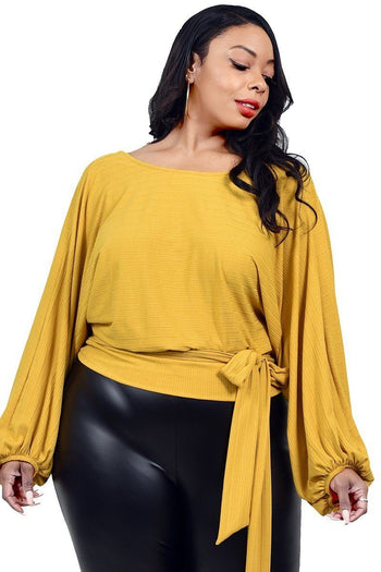 Plus Relaxed Long Sleeve Tie Waist Top - Deals Kiosk