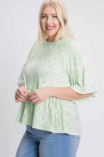 Tie Dye Ruffled Sleeves And Bottom Eyelet Blouse - Deals Kiosk