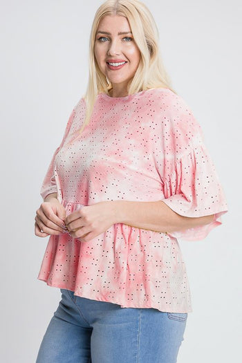 Tie Dye Ruffled Sleeves And Bottom Eyelet Blouse - Deals Kiosk