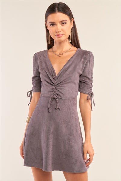 Charcoal Grey Suede Deep Plunge V-neck Gathered Detail Tight Fit Mini Dress - Deals Kiosk