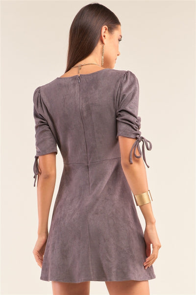 Charcoal Grey Suede Deep Plunge V-neck Gathered Detail Tight Fit Mini Dress - Deals Kiosk