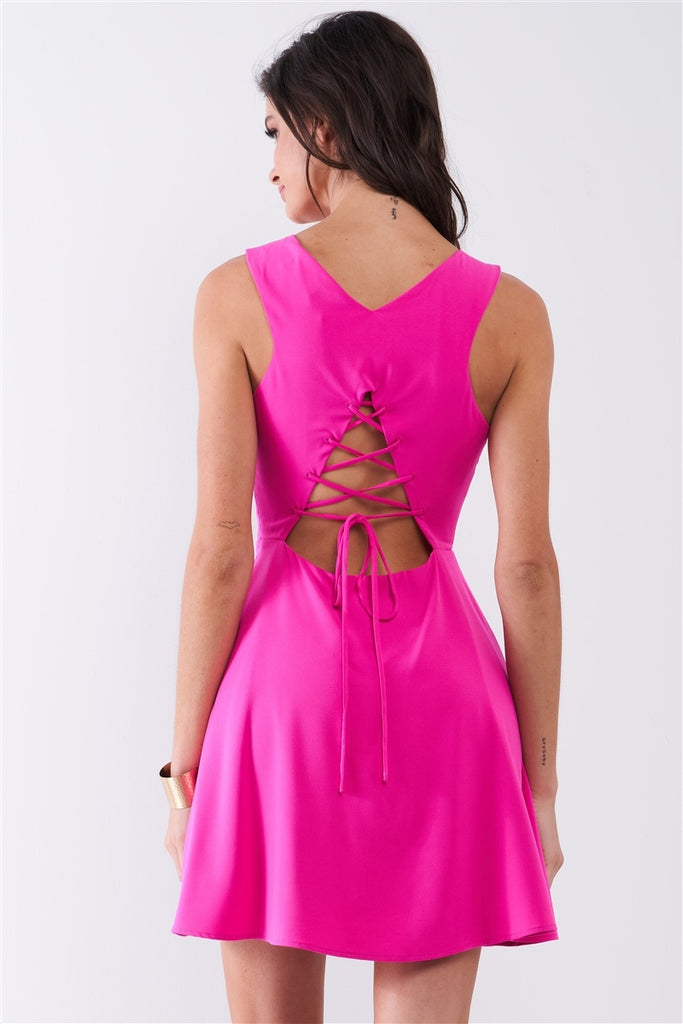 Bubblegum Pink Sleeveless Round Neck Self-tie Lace-up Back Detail Mini Dress - Deals Kiosk