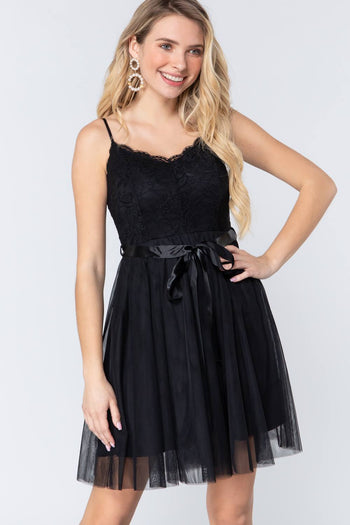 Lace Stiff Meshed Cami Mini Dress - Deals Kiosk