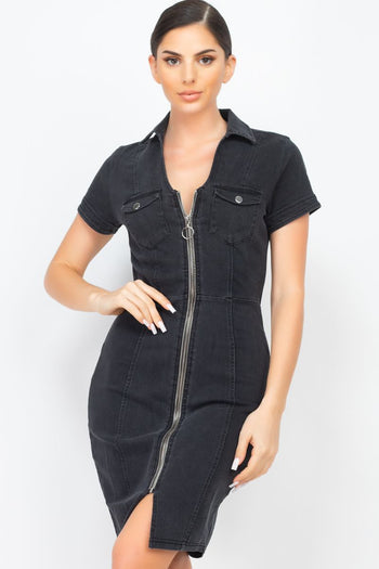 Zip Front Denim Mini Dress - Deals Kiosk