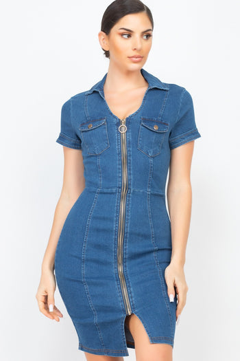 Zip Front Denim Mini Dress - Deals Kiosk