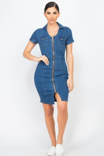 Zip Front Denim Mini Dress - Deals Kiosk
