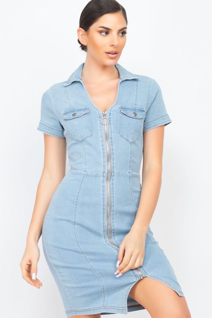 Zip Front Denim Mini Dress - Deals Kiosk