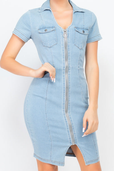 Zip Front Denim Mini Dress - Deals Kiosk