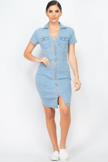 Zip Front Denim Mini Dress - Deals Kiosk