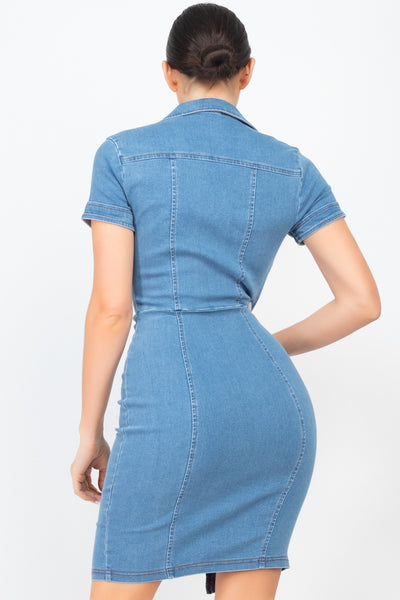 Zip Front Denim Mini Dress - Deals Kiosk