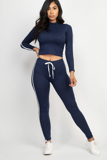 Side Striped Crop Top And Leggings Set - Deals Kiosk