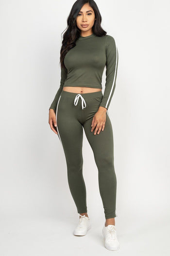 Side Striped Crop Top And Leggings Set - Deals Kiosk