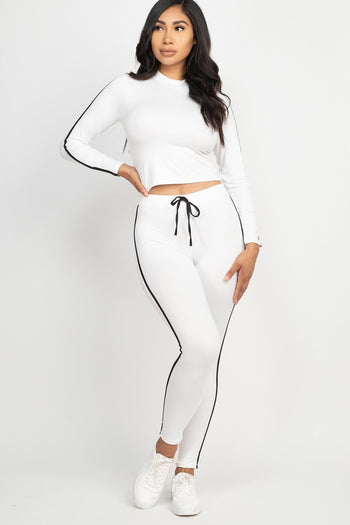 Side Striped Crop Top And Leggings Set - Deals Kiosk