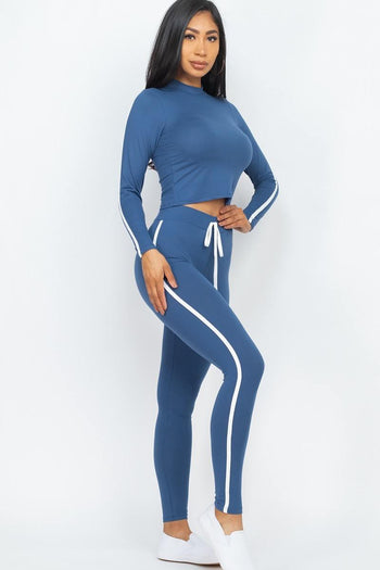 Side Striped Crop Top And Leggings Set - Deals Kiosk