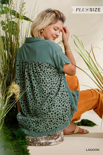 Linen Blend Short Folded Sleeve Dalmatian Print Collared Button Front Top With Frayed Hem - Deals Kiosk