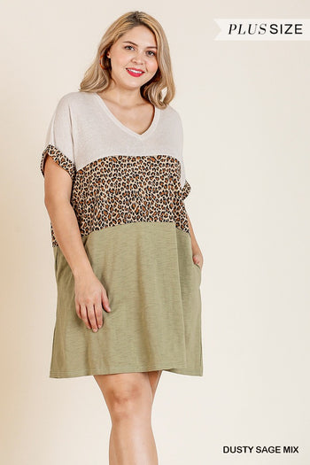 Linen Blend Short Folded Sleeve Animal Print Colorblocked V-neck Dress With Pockets - Deals Kiosk