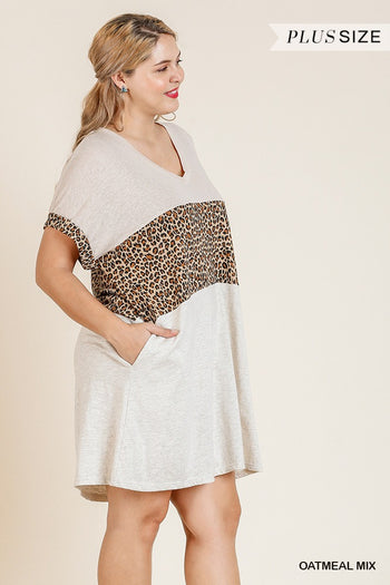 Linen Blend Short Folded Sleeve Animal Print Colorblocked V-neck Dress With Pockets - Deals Kiosk