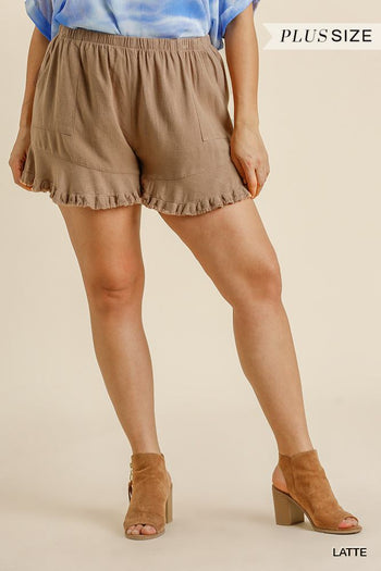 Linen Blend Elastic Waist Ruffle Hem Shorts With Pockets - Deals Kiosk
