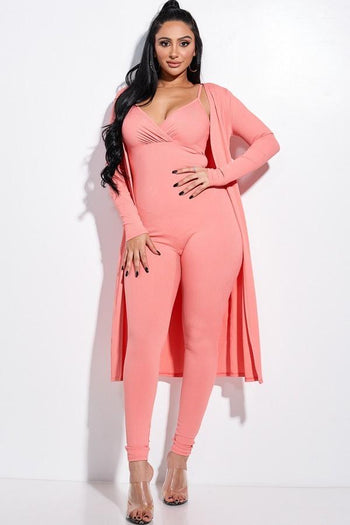 Solid Rib Knit Spaghetti Strap Jumpsuit And Duster Two Piece Set - Deals Kiosk