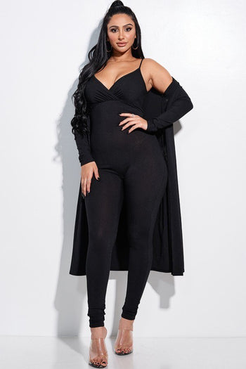 Solid Rib Knit Spaghetti Strap Jumpsuit And Duster Two Piece Set - Deals Kiosk