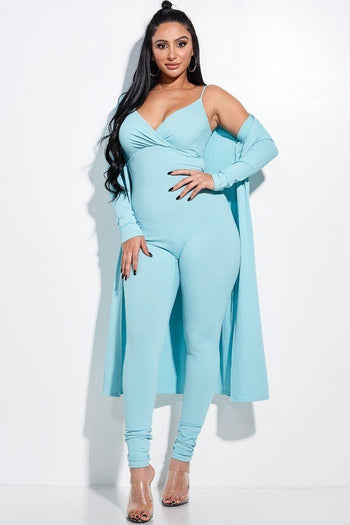 Solid Rib Knit Spaghetti Strap Jumpsuit And Duster Two Piece Set - Deals Kiosk