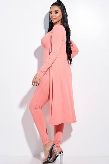 Solid Rib Knit Spaghetti Strap Jumpsuit And Duster Two Piece Set - Deals Kiosk