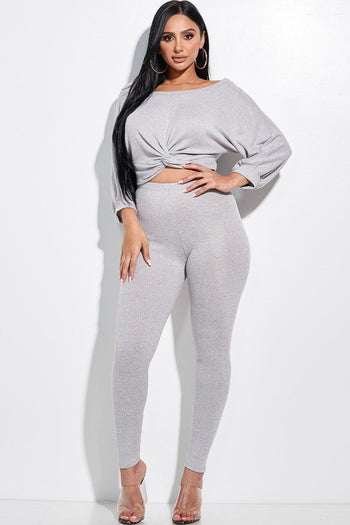 Solid Rib Knit Knotted Front Top And Leggings Two Piece Set - Deals Kiosk