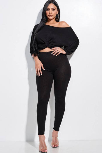 Solid Rib Knit Knotted Front Top And Leggings Two Piece Set - Deals Kiosk