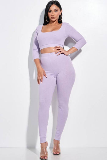 Solid Pointelle Stitch 3/4 Sleeve Scoop Neck Cropped Top And Leggings Two - Deals Kiosk