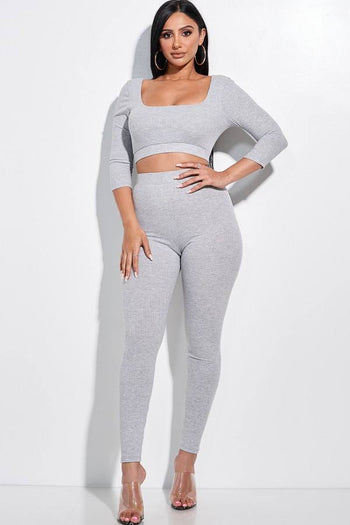 Solid Pointelle Stitch 3/4 Sleeve Scoop Neck Cropped Top And Leggings Two - Deals Kiosk