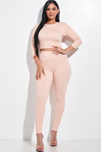 Solid Smocked 3/4 Sleeve Top And Leggings Two Piece Set - Deals Kiosk
