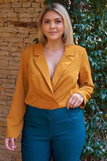 Plus Golden-haze Long Sleeve Plunge Neck Wrap Blazer Bodysuit - Deals Kiosk