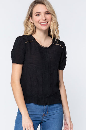 Short Shirring Slv Pleated Woven Top - Deals Kiosk