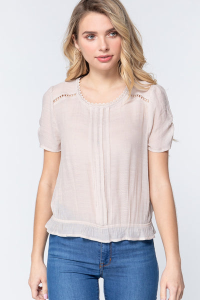 Short Shirring Slv Pleated Woven Top - Deals Kiosk