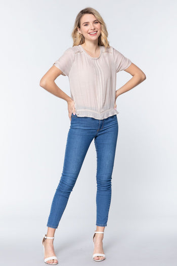 Short Shirring Slv Pleated Woven Top - Deals Kiosk